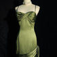 Grünes Satin-Kleid mit langen Trägern, bodenlang, Partykleid, formelles Kleid, Ballkleid fg4982