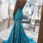 Sparkly Mermaid Deep V Neck Blue & Gold Sequins Lace Long Prom Dresses      fg4611
