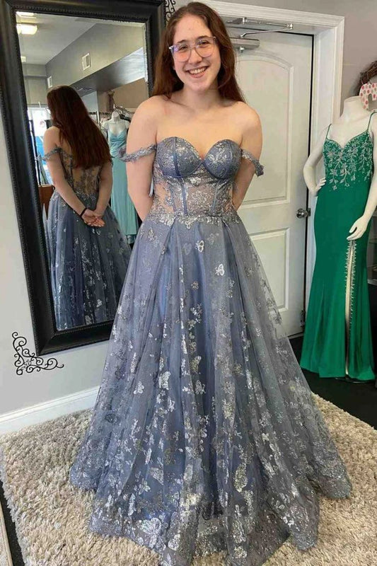 Off Shoulder Smoke Gray Lace Long Prom Dress, Smoke Gray Lace Formal Graduation Evening Dress      fg5035