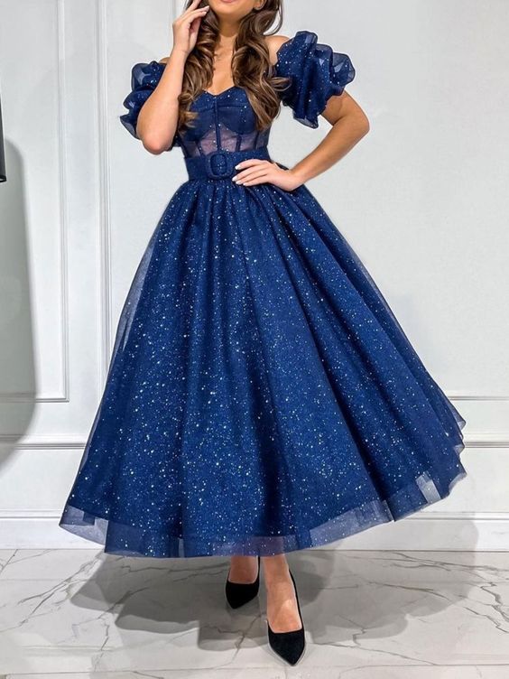 Dark blue tulle tea length prom dress, blue formal dress      fg5194