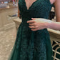 A-Line Emerald Green Lace V Neck Long Prom Dresses Formal Evening Dresses       fg4479