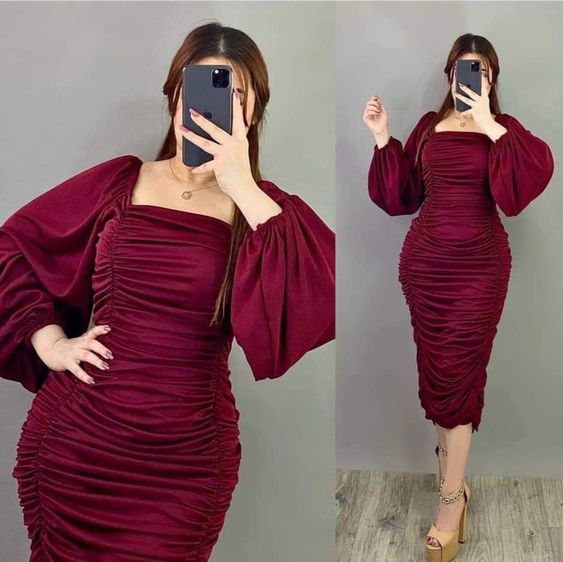 Robe de bal mi-longue froncée style rétro, robe de soirée tendance fg4626