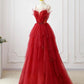 A-line Tulle Layers Red Straps Long Party Dress, Tulle Prom Dress Evening Dress       fg4924