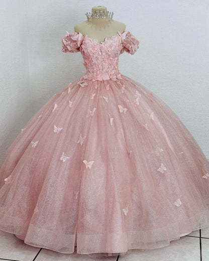 Pink Quinceanera Dresses With Butterflies Girls Sweet 15 Birthday Party Ball Gown Dress     fg4451