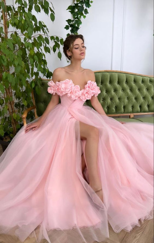 Pink Floral Prom Dresses, Off The Shoulder Evening Gown, Tulle Long Prom Dress  fg4679