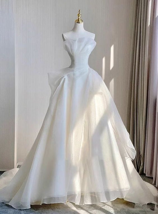 White Organza Strapless Pleats Sleeveless Wedding Dress      fg4911