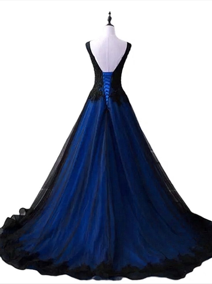 Black and Blue V-neckline Lace Applique Long Formal Dress, Black and Blue Prom Dress      fg5072