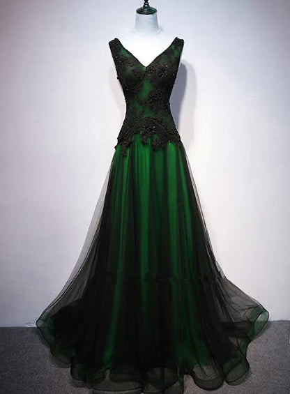 Charmantes langes Partykleid aus schwarzem und grünem Tüll mit V-Ausschnitt, Ballkleider mit V-Ausschnitt fg5089