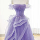 A-Line Off Shoulder Tulle Lace Purple Long Prom Dress, Purple Lace Long Formal Dress      fg4857