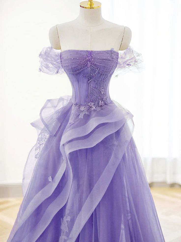 A-Line Off Shoulder Tulle Lace Purple Long Prom Dress, Purple Lace Long Formal Dress      fg4857