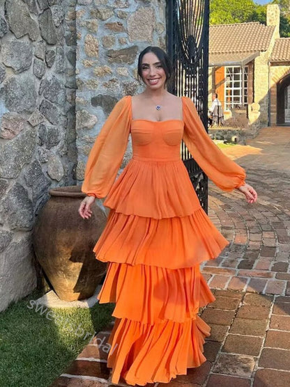 Robe de bal trapèze orange à manches longues et volants, longueur au sol, fg5049