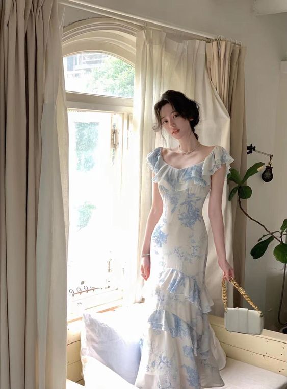 Sommer Neue Frauen Elegent Schlank Party Prom Print Rüschen Kleid Weibliche Mode Party Kleid fg5009