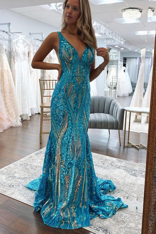 Sparkly Mermaid Deep V Neck Blue & Gold Sequins Lace Long Prom Dresses      fg4611
