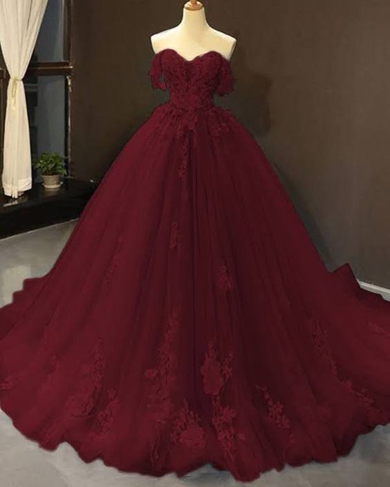 Ball Gown Tulle Off-the-Shoulder Sleeveless Applique Chapel Train Dresses      fg5063