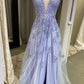A-Linien-Ballkleid mit Blumenspitze und V-Ausschnitt und Schlitz fg4824