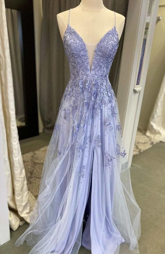 A-Linien-Ballkleid mit Blumenspitze und V-Ausschnitt und Schlitz fg4824