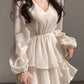 Freizeitkleider V-Ausschnitt Lagen Rüschen Laterne Langarm Kuchenkleid fg4753