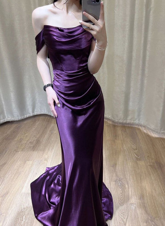 Satin Off Shoulder Long Evening Dress, Satin Prom Dress      fg5209