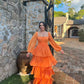 Robe de bal trapèze orange à manches longues et volants, longueur au sol, fg5049