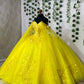 Yellow lace quince dress off shoulder cinderella prom ball gown    fg4655