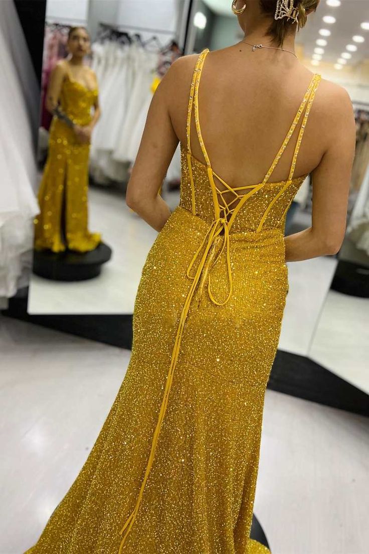 Sparkle Yellow Mermaid Long Evening Prom Dress       fg4785