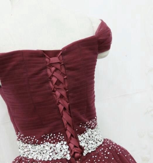 Burgundy Sequins Tulle Fashionable Tulle Long Party Dress, Off Shoulder Formal Dress      fg4652