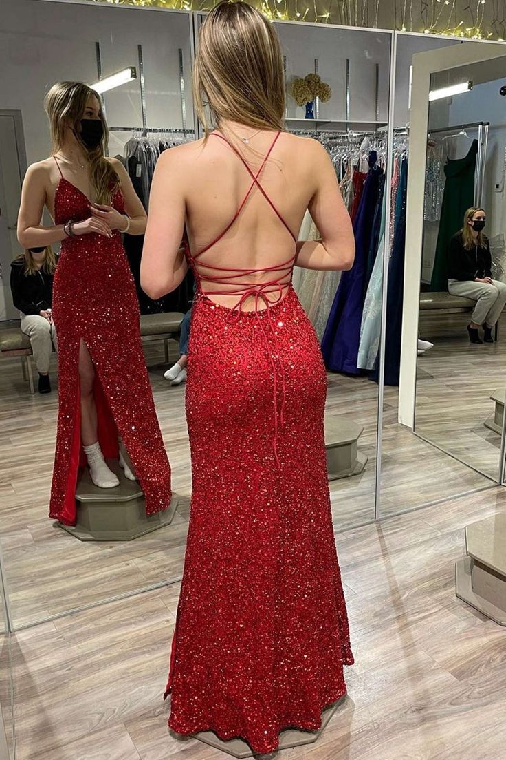 Burgundy Sequins V Neck Backless Mermaid Long Prom Dress with High Slit,Sequin Formal Graduation Evening Dresses       fg4759