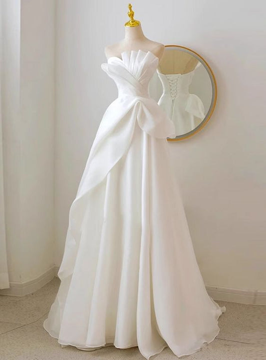 White Strapless Pleats Wedding Dress    fg4910