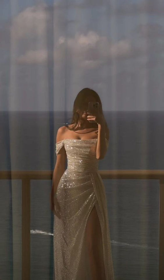 Off Shoulder White Sequin Side Slit Long Evening Prom Dresses, Cheap Sequin Wedding Dresses      fg4934