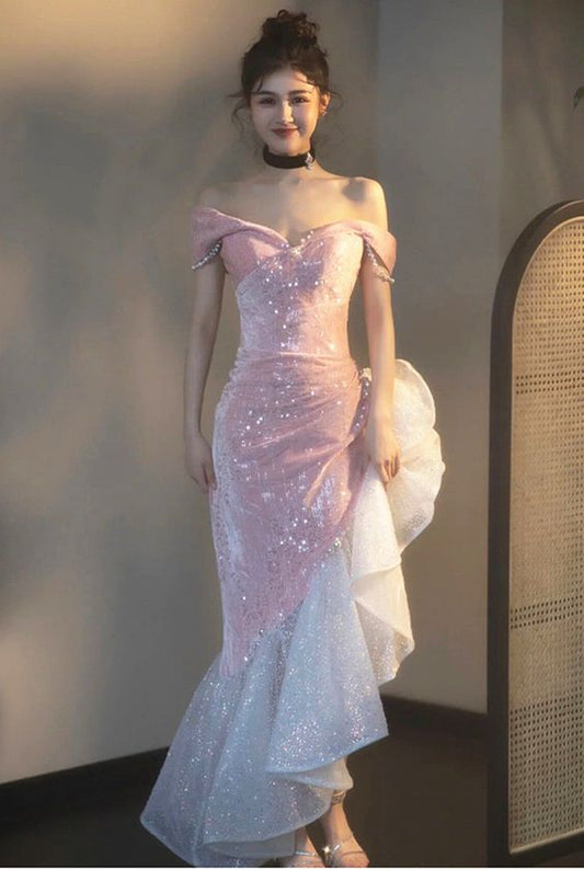 Lovely Pink Sequins Velvet High Low Prom Dress, Pink Mermaid Off The Shoulder Party Dress  fg4885
