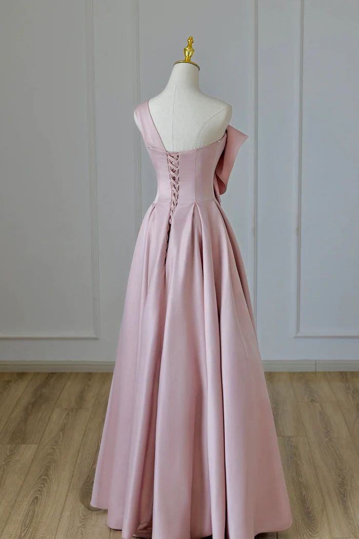 Pink Satin Bow Gown Long Formal Dress      fg4858