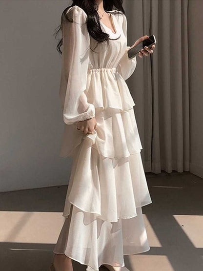 Freizeitkleider V-Ausschnitt Lagen Rüschen Laterne Langarm Kuchenkleid fg4753