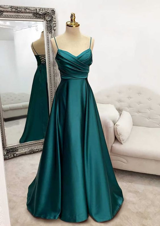 Robe de bal trapèze en satin à bretelles spaghetti et longueur au sol avec plis fg4823