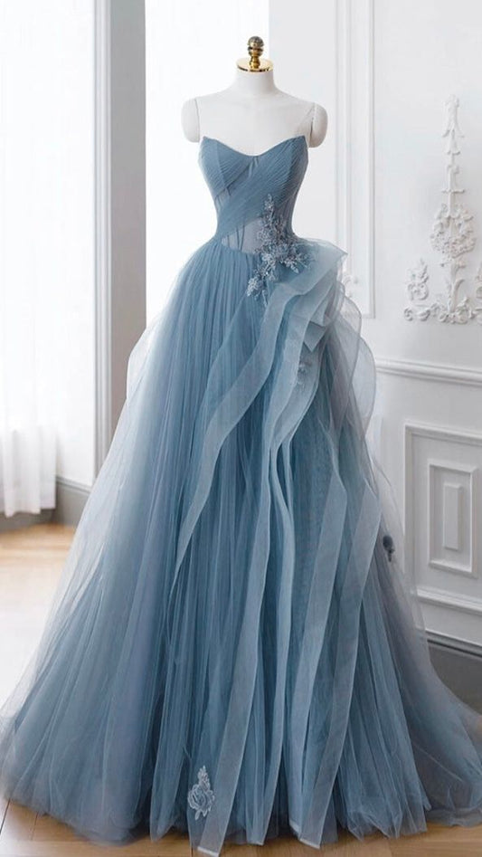 Gray Blue Tulle Lace Long Prom Dress, Gray Blue Formal Dress      fg4937