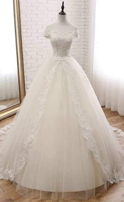 A Line Lace Wedding Dresses Lace Poofy Evening Dress       fg4878
