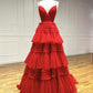 Straps V Neck Red Layered Tulle Long Prom Dresses      fg5135