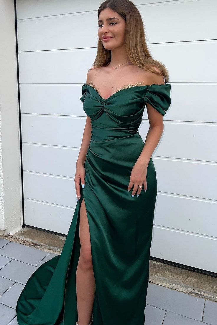 Dark Green Sweetheart Mermaid Front Split Prom Dress With Off-The-Shoulder Beadings     fg4668