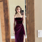 kastanienbraunes Ballkleid aus Samt mit Trägern und Schlitz fg5216
