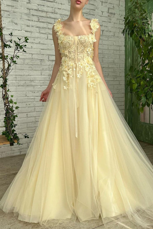 Robe de bal trapèze carrée, longueur au sol, sans manches, dos nu, avec appliques en dentelle, fg5000