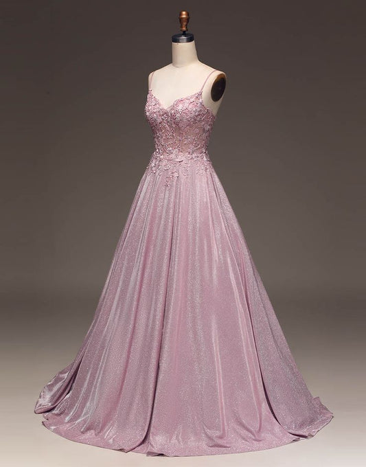 Robe de bal longue à paillettes et bretelles spaghetti, coupe trapèze, fg5181