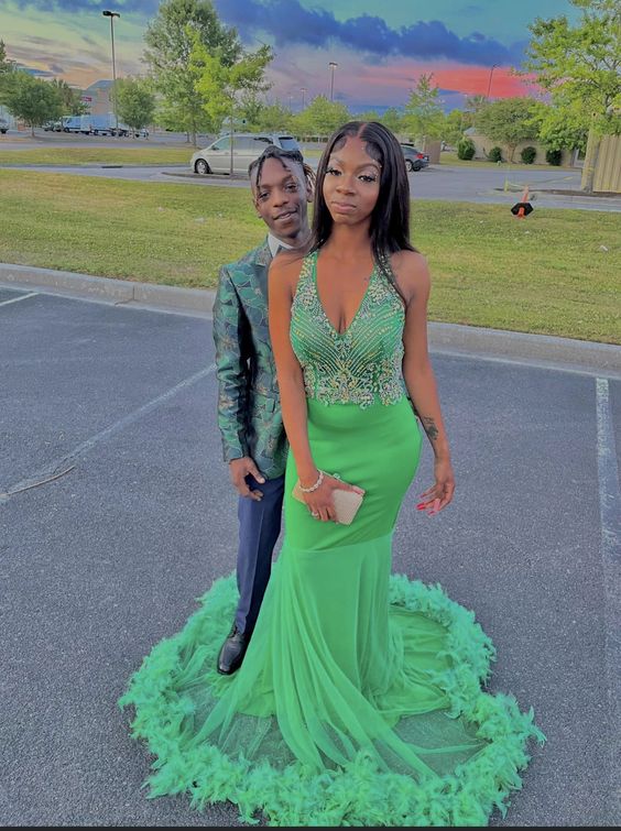 Green Beaded Mermaid Long Prom Dresses       fg5260