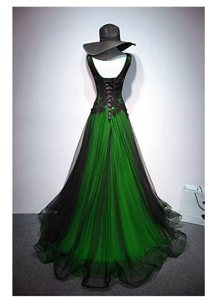 Charmantes langes Partykleid aus schwarzem und grünem Tüll mit V-Ausschnitt, Ballkleider mit V-Ausschnitt fg5089