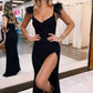 Langes Partykleid mit Federträgern, V-Ausschnitt und Schlitz fg4895