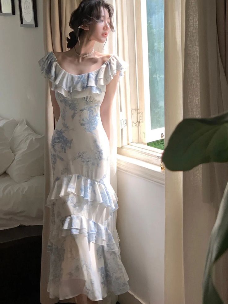 Sommer Neue Frauen Elegent Schlank Party Prom Print Rüschen Kleid Weibliche Mode Party Kleid fg5009