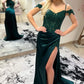 Off the Shoulder Hunter Green Slit Prom Dress with Appliques       fg4828