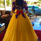 Evening Dresses Yellow Sequins Prom Lace 3d Flower Evening Gowns Short Sleeve Princess Formal Women Dress       fg4105