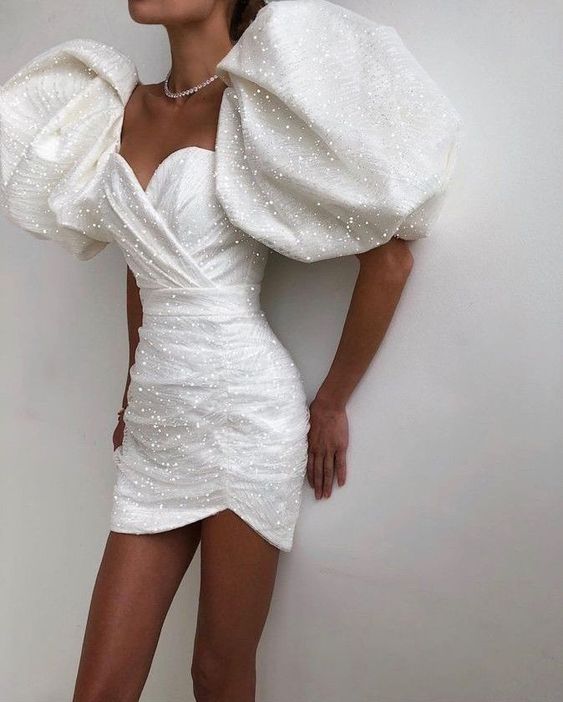Puffy Sleeve Strapless White Elegant Cocktail Dresses Sheath Short Prom Dress     fg3501