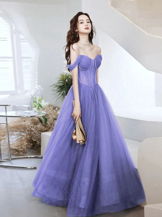 Purple Sweetheart Neck Tulle Long Prom Dress, Purple Formal Evening Graduation Dress     fg4001