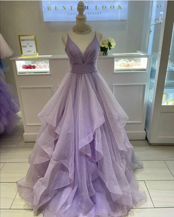 Purple A-line V Neck Ruffle Prom Dress,Glitter Purple Prom Gown        fg4165