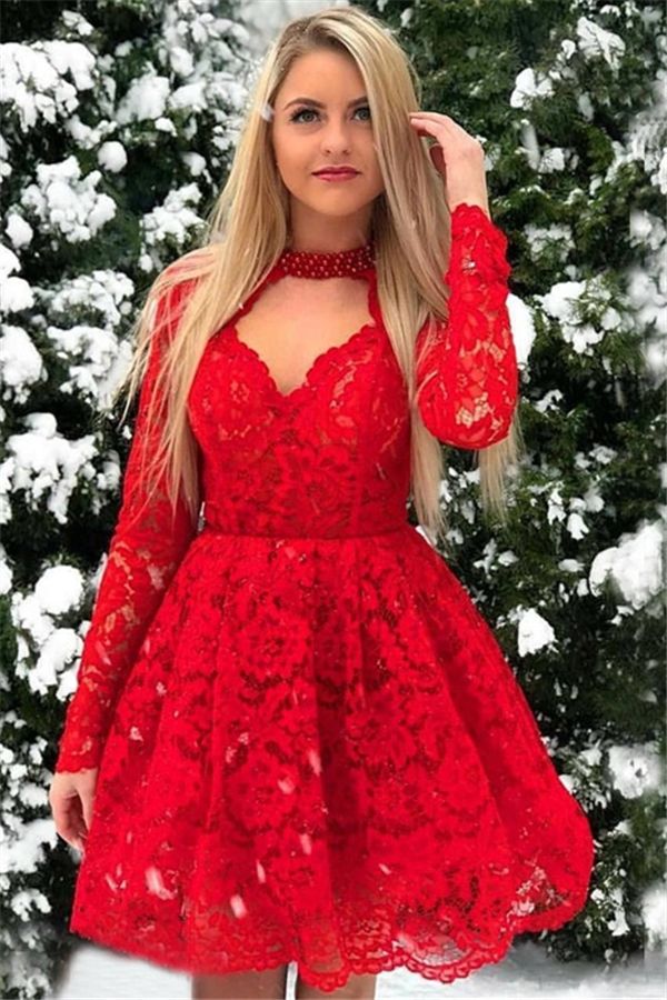 Red lace short prom dress, red lace homecoming dress       fg3829